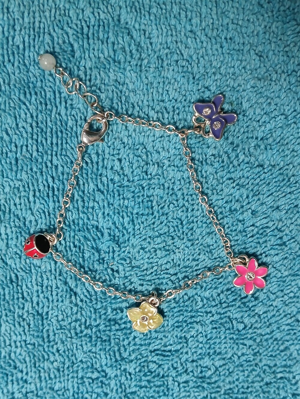 Silver Charm Bracelet with Pink, Purple Butterfly, Yellow Flower Ladybug Charms